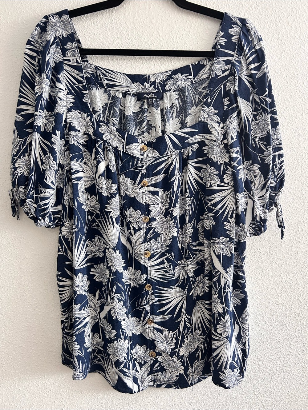 Angels Forever Young Navy Floral Square-Neck Button Front Blouse